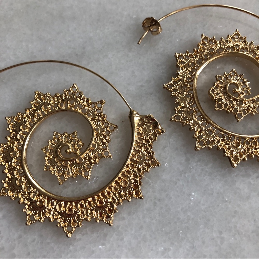 Indian-inspired gold spiral hoop earrings